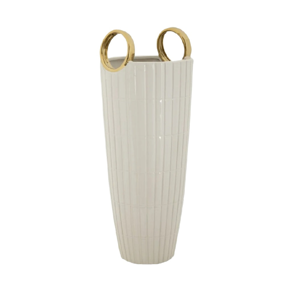 Vase en céramique pour décoration intérieure avec anses en métal doré - 18 x 18 x 50